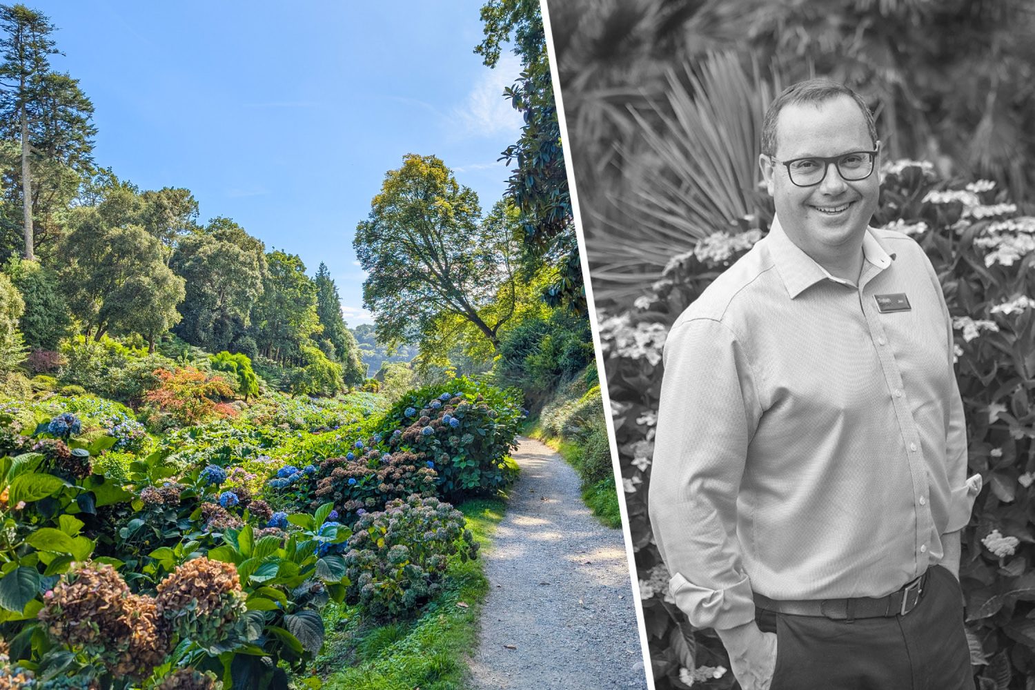 Trebah CEO Jon Cummins and trebah valley view