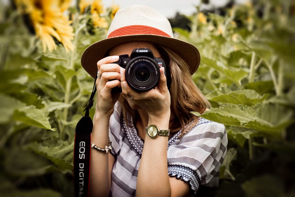 Lady with a camera taking a photo in a sunflower field