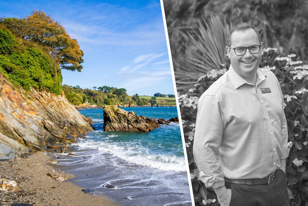 Trebah CEO Jon Cummins and autumn beach scene