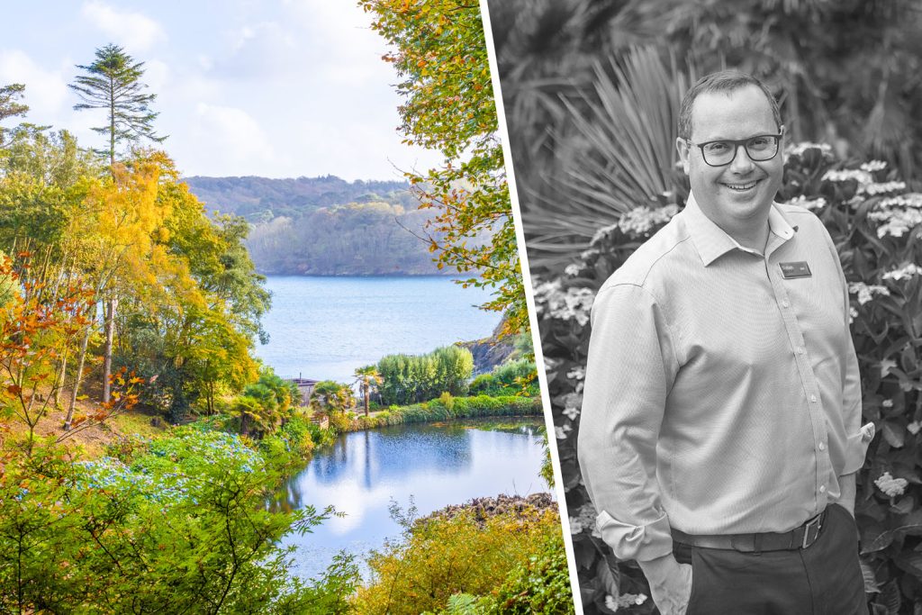 Trebah CEO Jon CUmmins and autumn pond scene