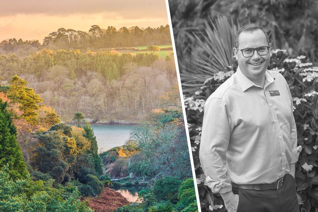 Trebah CEO Jon Cummins and Winter sunlit valley view at trebah