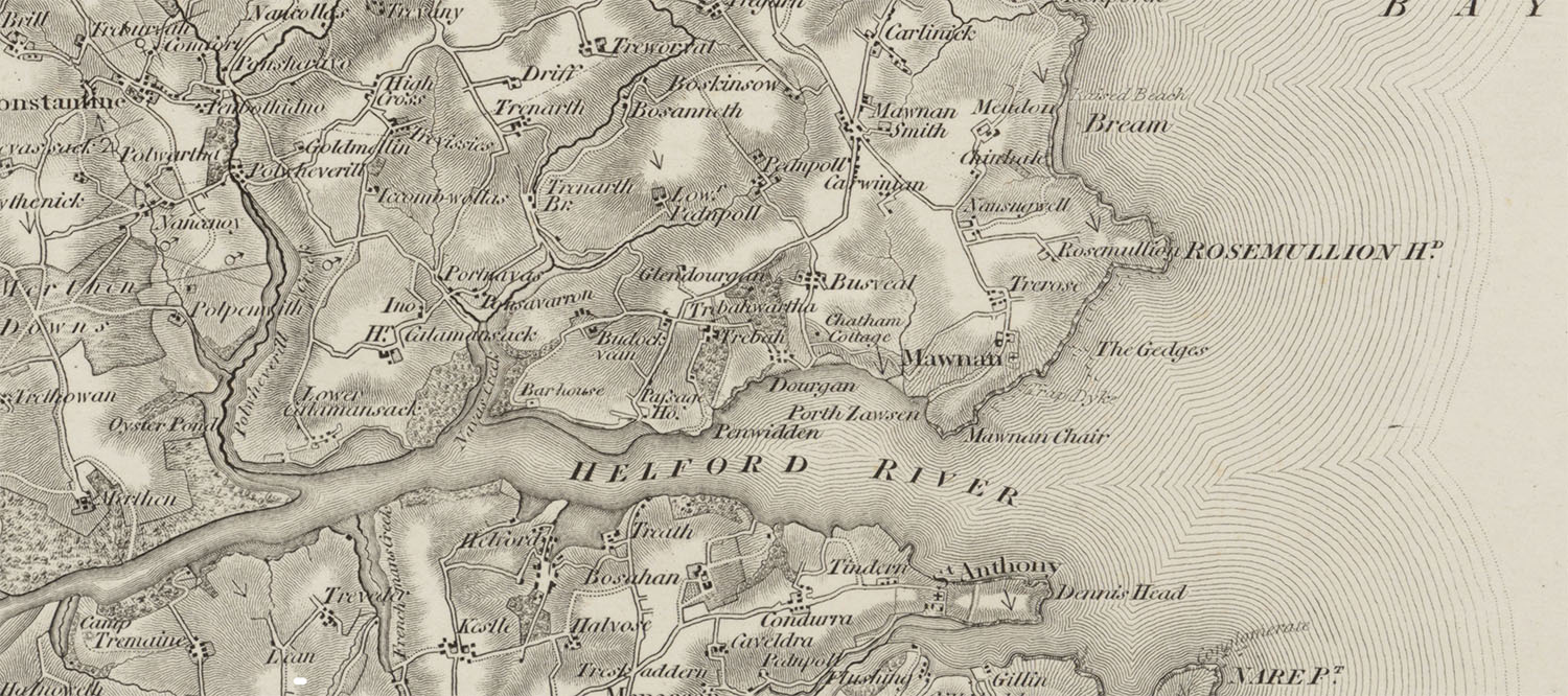1813 Ordnance Survey map showing Trebah in relation to the Helford River