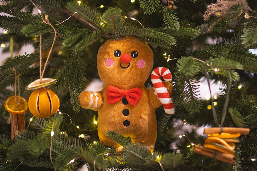 Soft toy gingerbread man hiding among the branches of a decorated chrsitmas tree