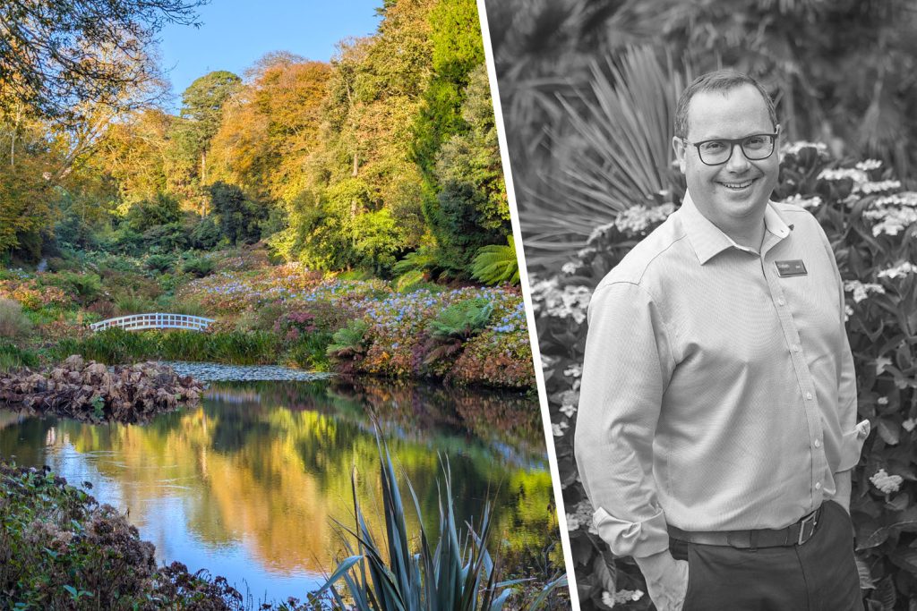Trebah CEO Jon Cummins and an autumn pond scene at Trebah Garden