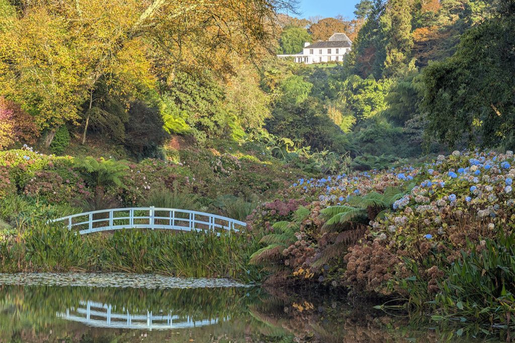 Autumn view of Trebah house and bridge through the valley garden