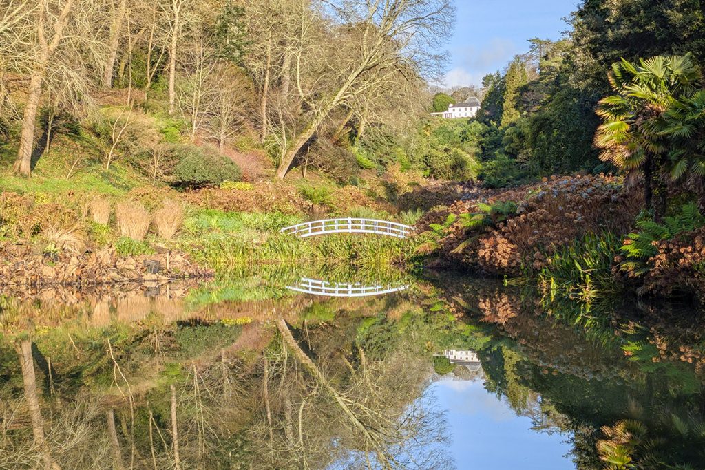 Reflections of the bridge, house and garden on a pond at trebah
