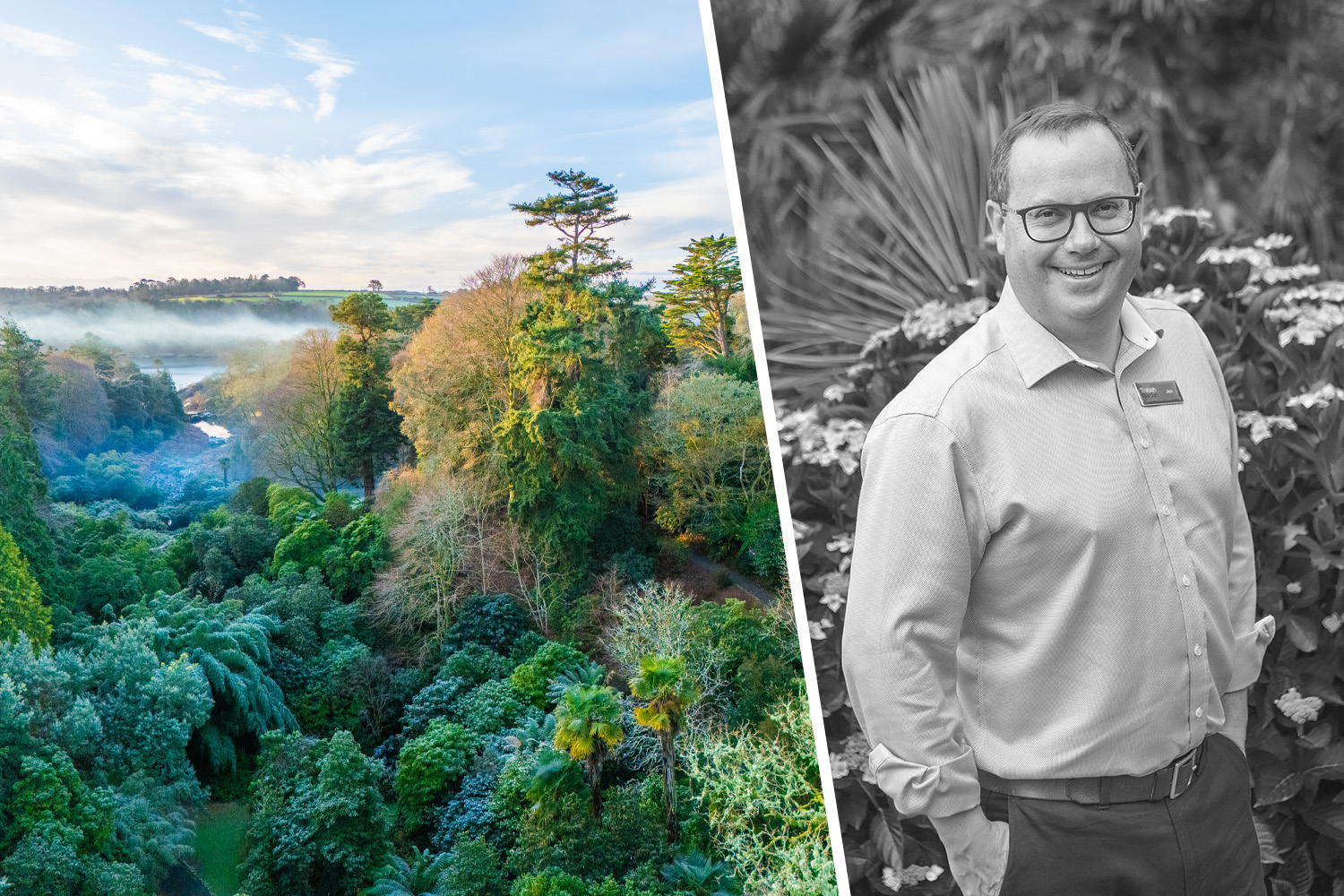 A drone winter view of Trebah Garden and CEO Jon Cumins