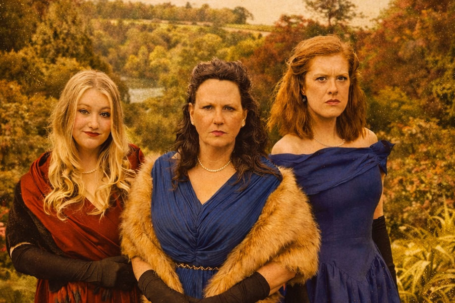 three ladies dressed in fancy 1950s clothing