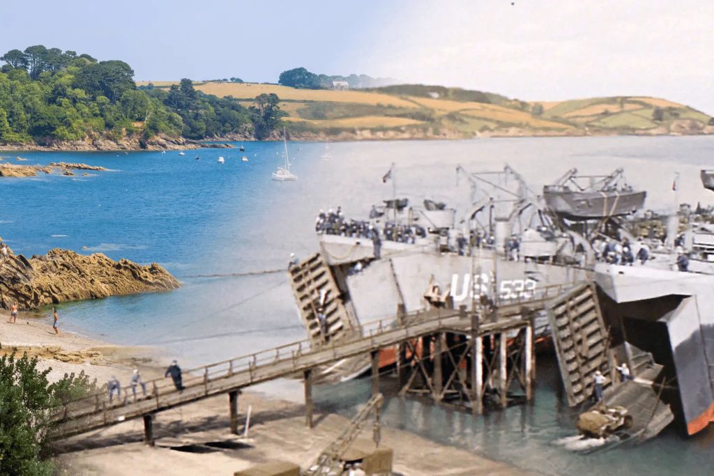 Image of Trebah Beach, with photos from 2024 and wartime 1944 faded together