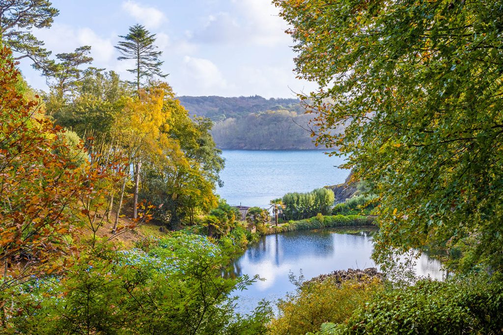 Autumn view with sea and pond at trebah