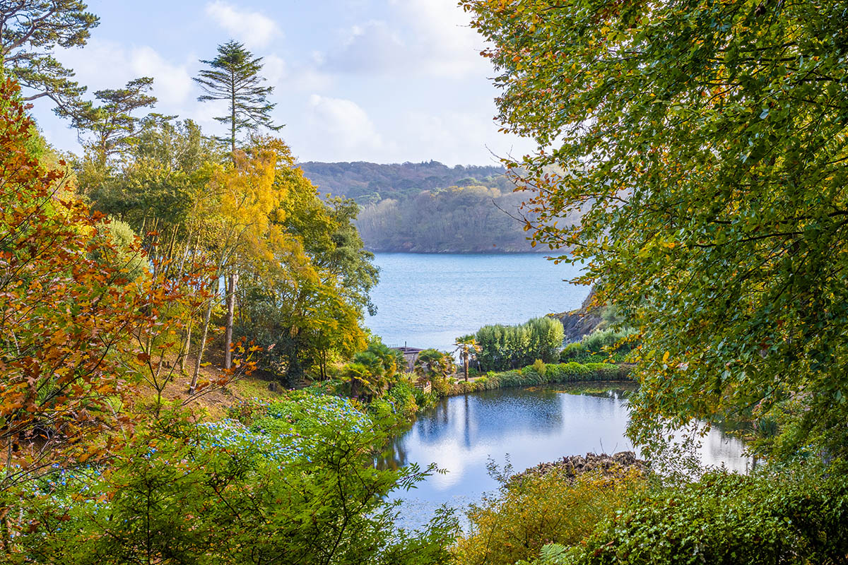 Autumn view with sea and pond at trebah