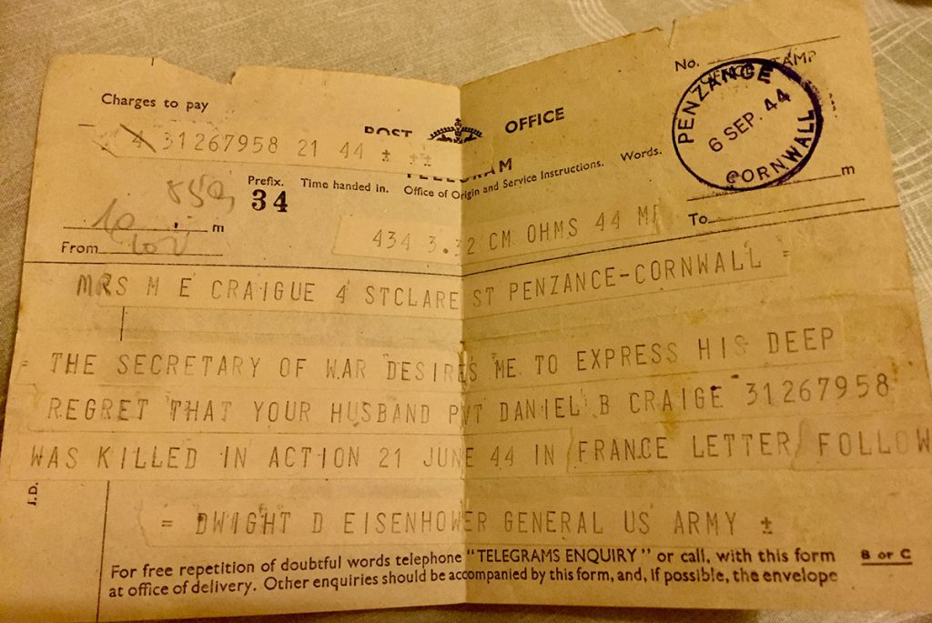Telegram confirmation of Daniel B. Craigue's death in World War Two