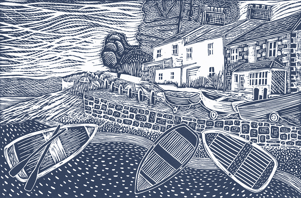 Lino cut print of Helford Passage village by Mark Lord